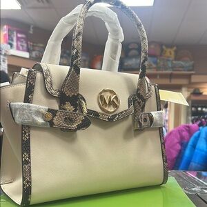 Michael Kors Cream and Black Satchel with Snakeskin Trim